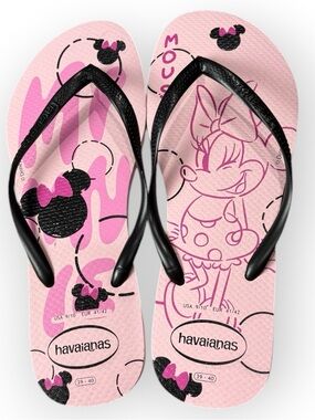 NWOT Havaianas Pink Minnie Mouse Graphic Slim Flip Flops with Black Straps